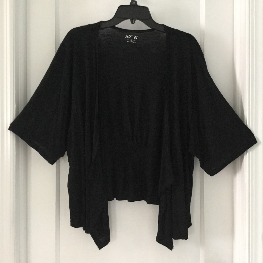 APT. 9 black drape front, gathered back shrug, short sleeves, size 2X, LIKE NEW